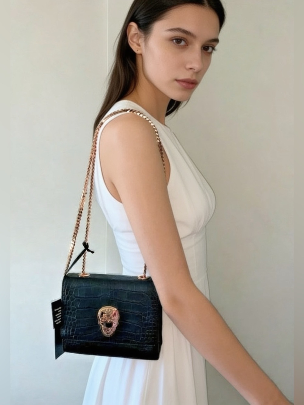 THOMAS WYLDE black croc embossed leather gold chain bag crossbody purse